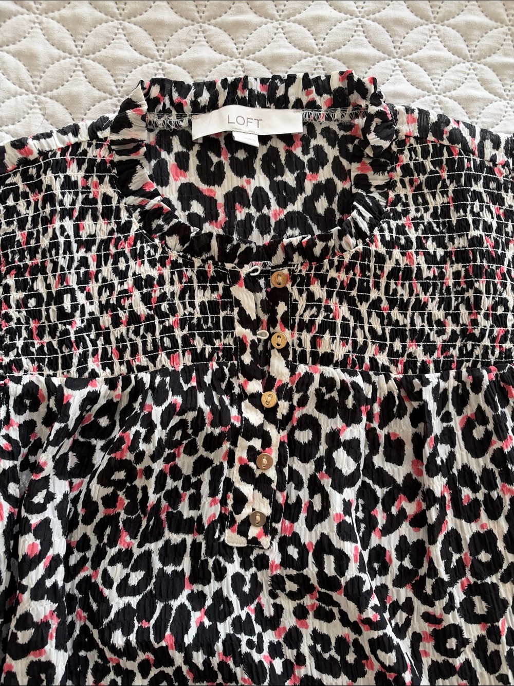 LOFT Girls Black & White Leopard Print Blouse with Pink Accents